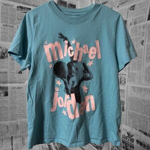 Michael Jordan Aqua Blue Graphic Tee Pink Lettering Retro Streetwear Unisex M